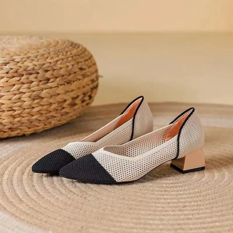 Women's Cotton Knit Block Heel Shoes with Cushioned Insole