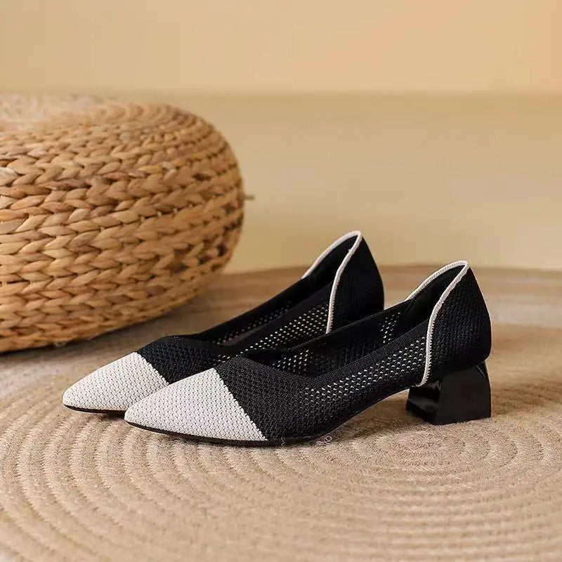 Women's Cotton Knit Block Heel Shoes with Cushioned Insole