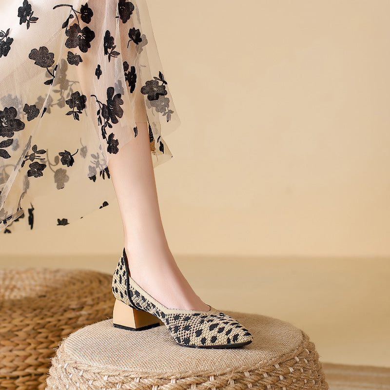 Women's Cotton Knit Block Heel Shoes with Cushioned Insole