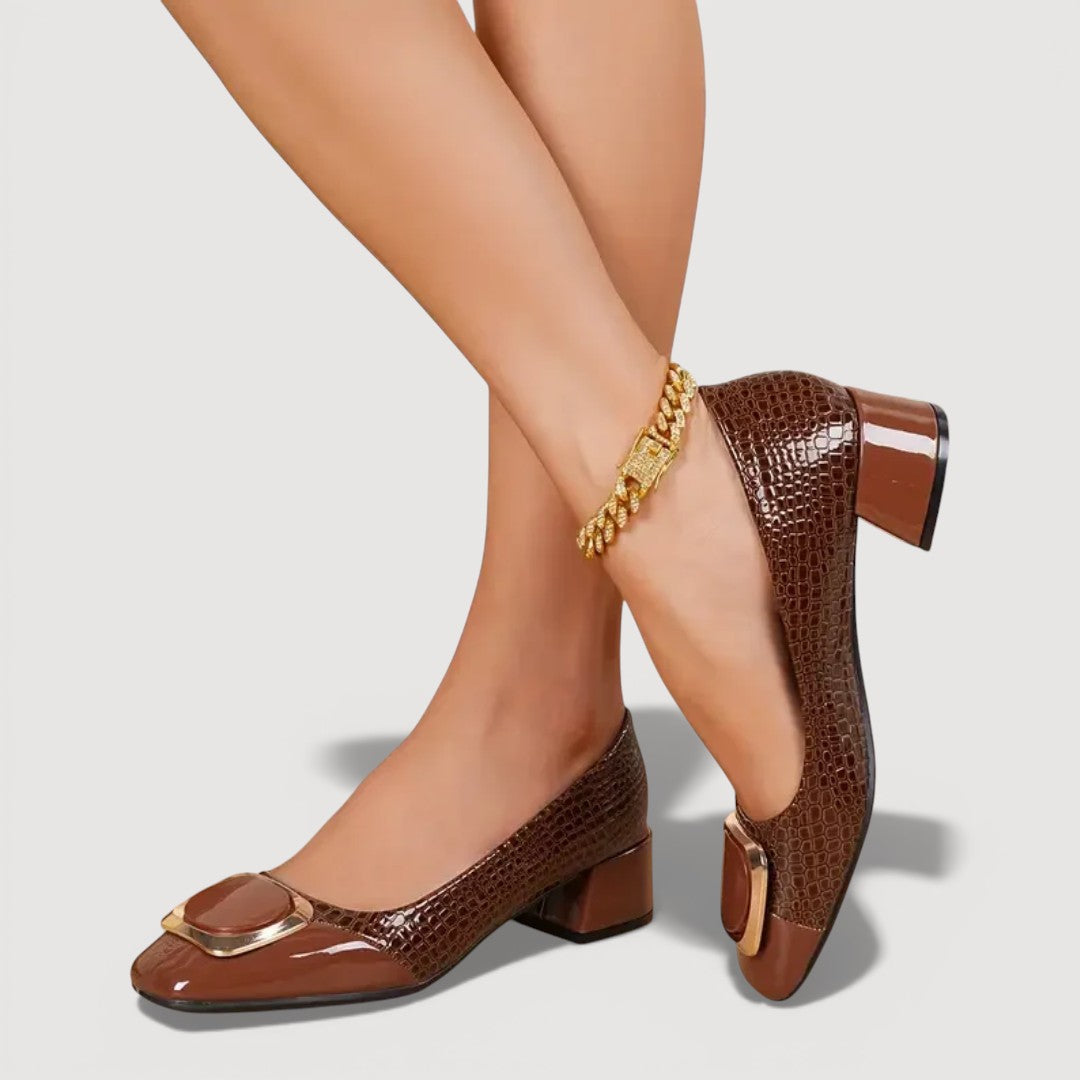 Women's Croc-Effect Block Heels with Slip-On Design