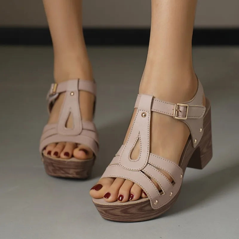 Women's Faux Leather Block Heel Sandals with T-Strap Detail