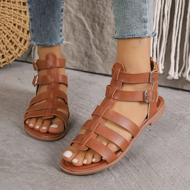 Women's Faux Leather Gladiator Sandals with Double Ankle Buckles