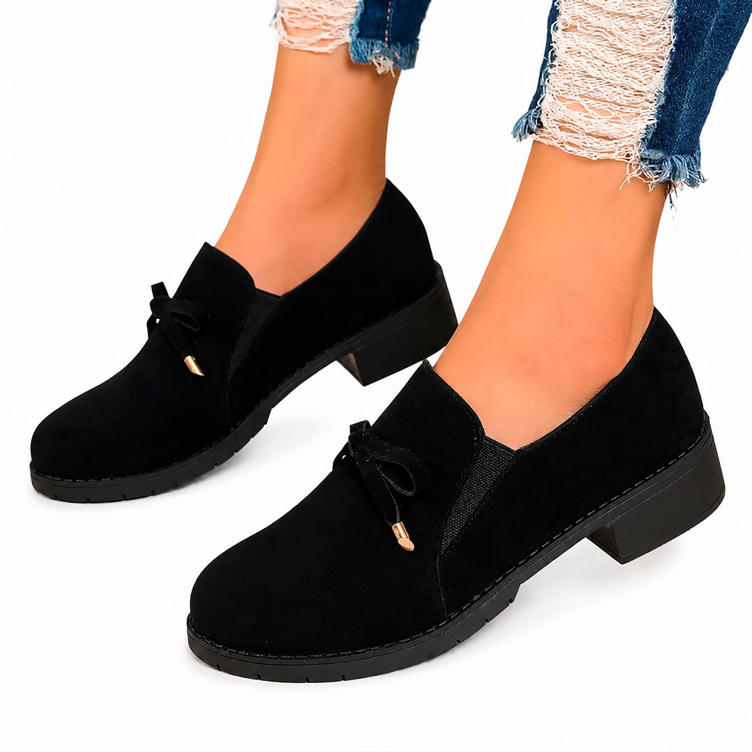 Women's Faux Suede Slip-On Loafers with Velvet Bow Detail