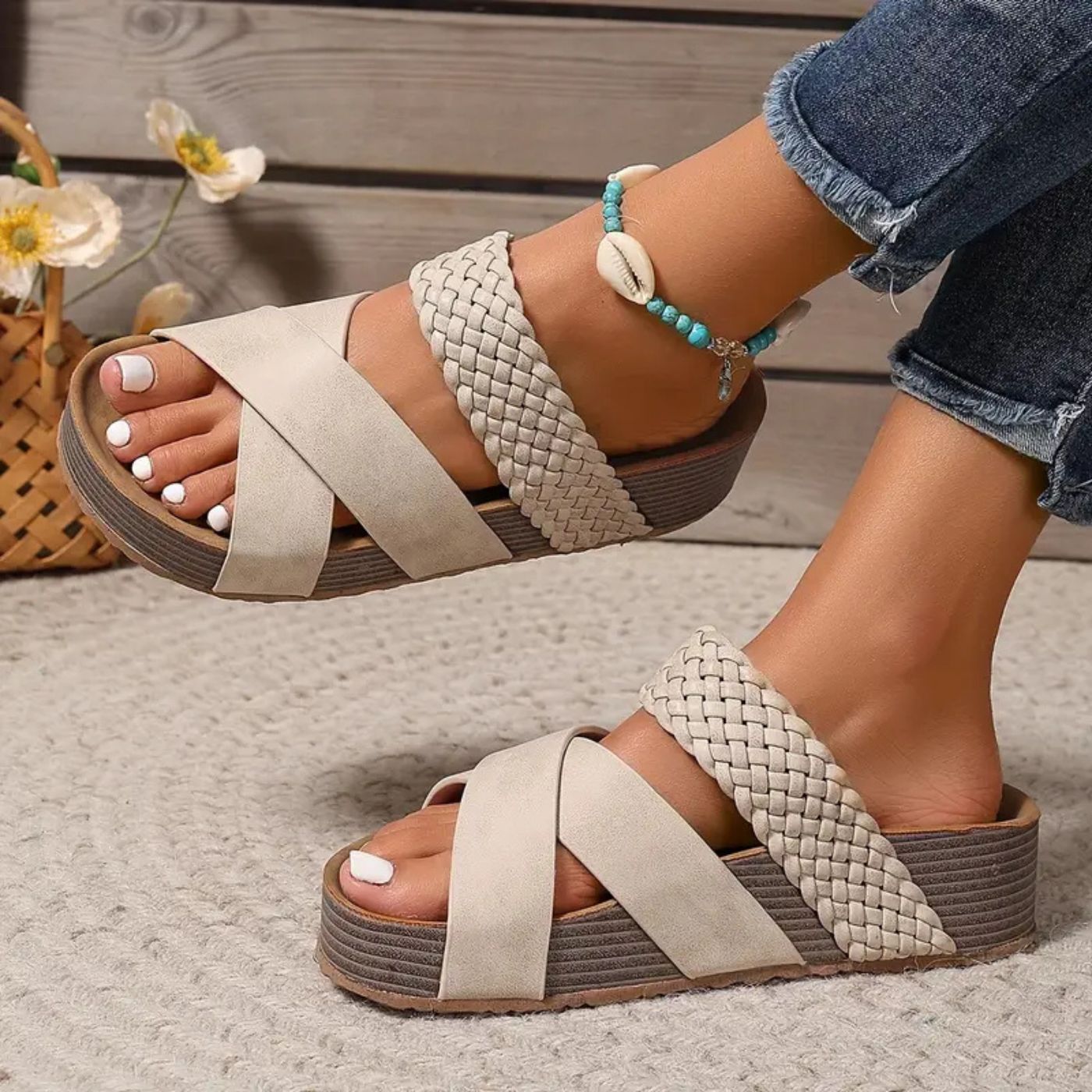 Women's Flat Sandals with Adjustable Strap and Cushioned Footbed