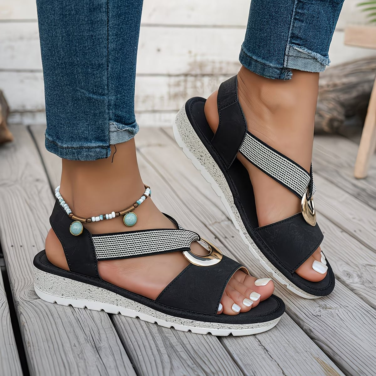 Women's Flat Sandals with Polished Metal Buckle Detail