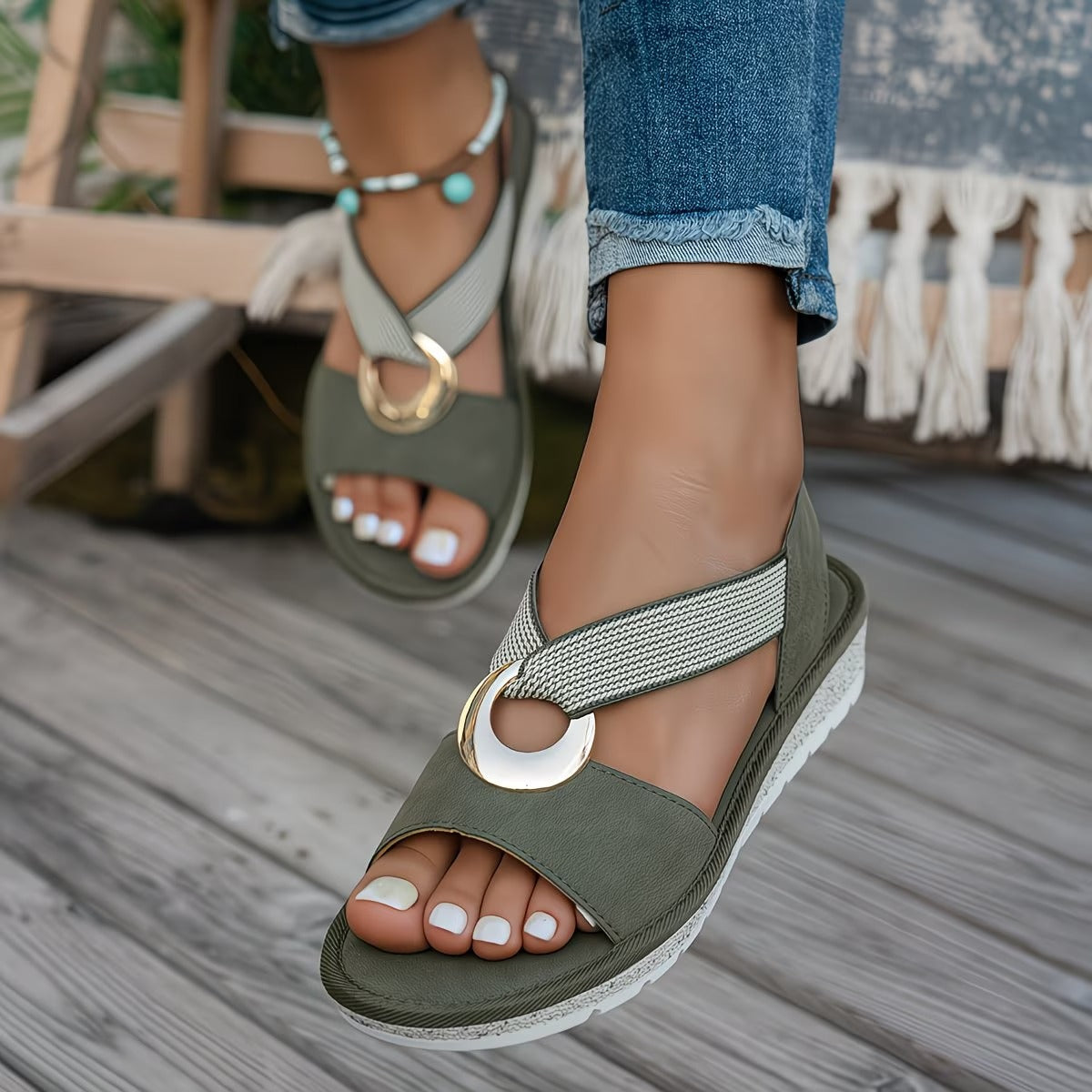 Women's Flat Sandals with Polished Metal Buckle Detail