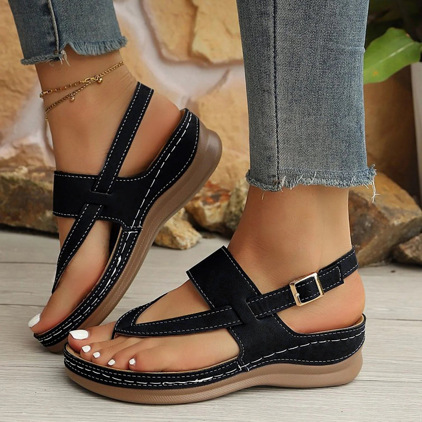 Women's Flat Toe-Post Sandals with Thick Shock-Absorbing Base