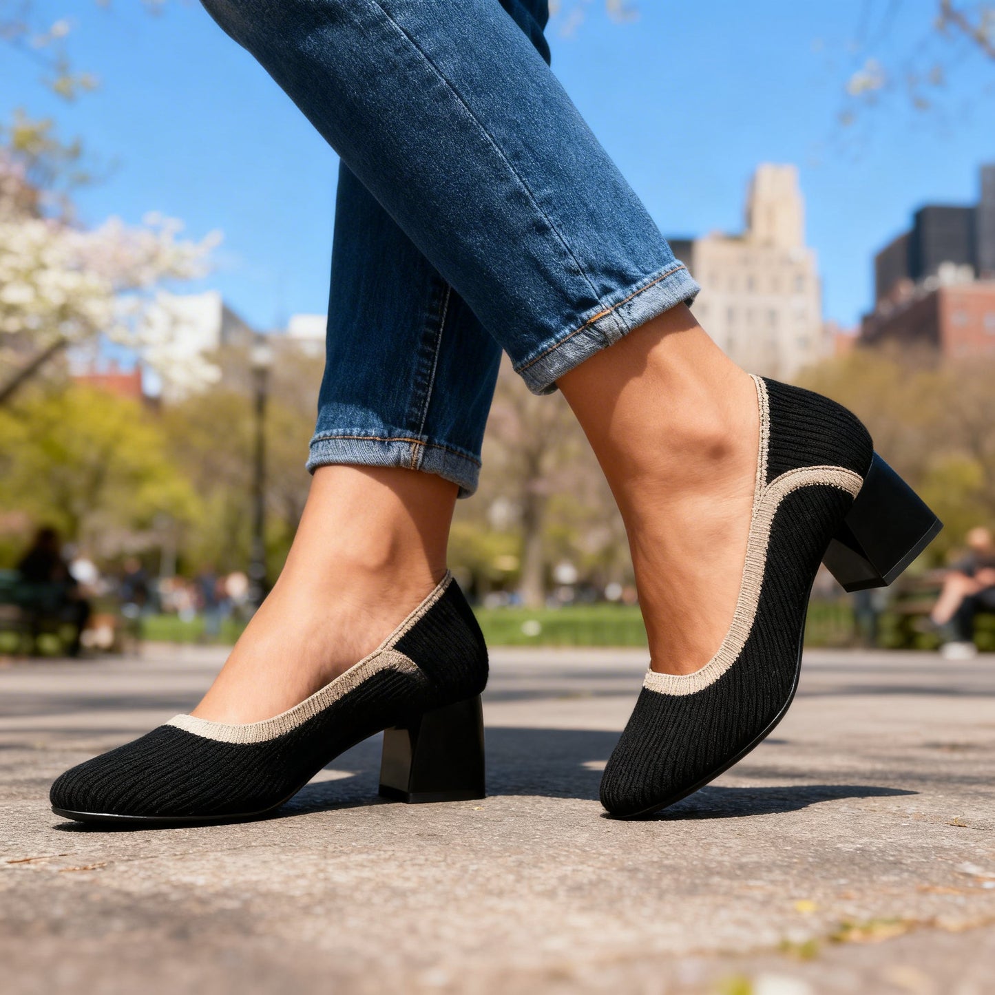 Women's Flexible Ribbed Block Heel Court Shoes