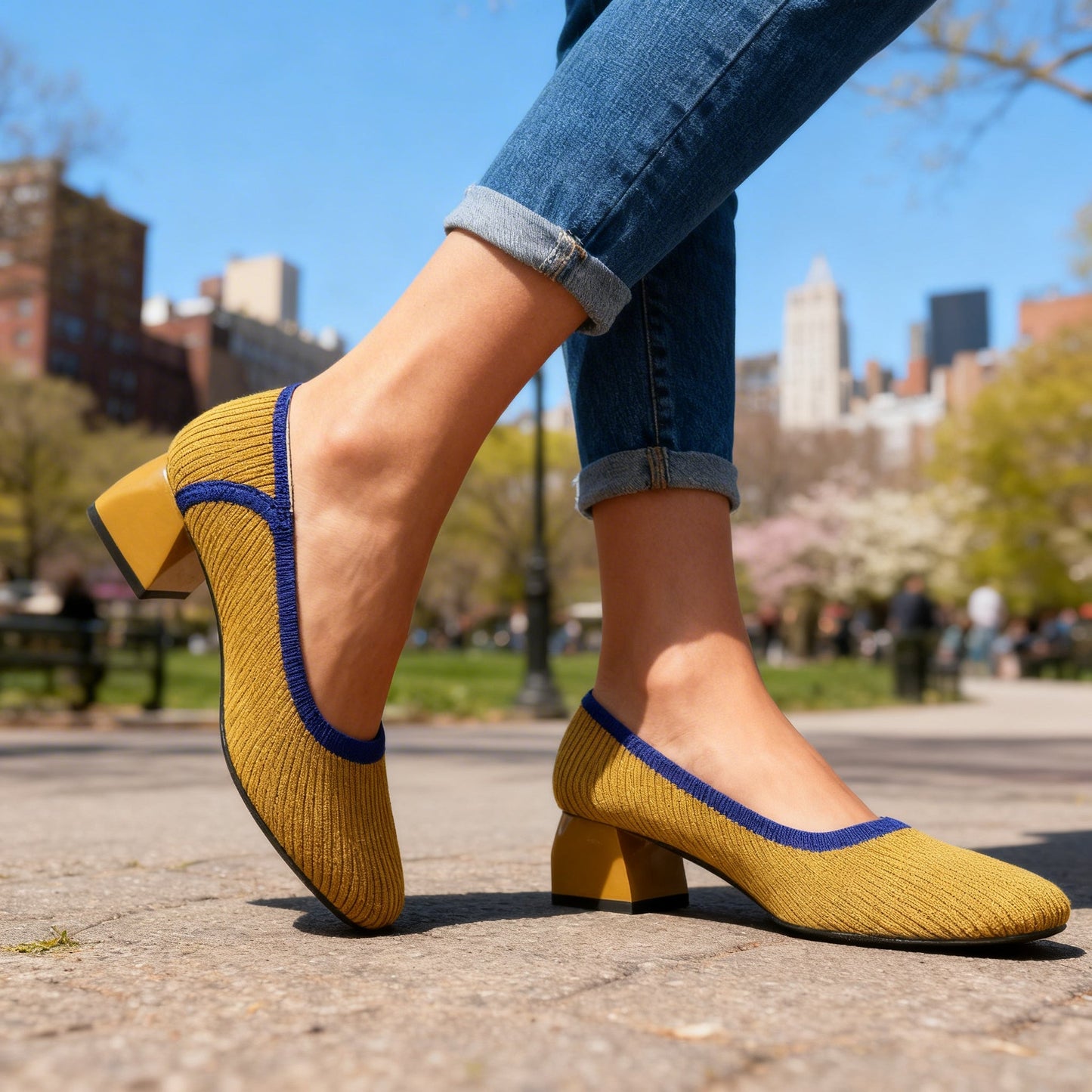 Women's Flexible Ribbed Block Heel Court Shoes