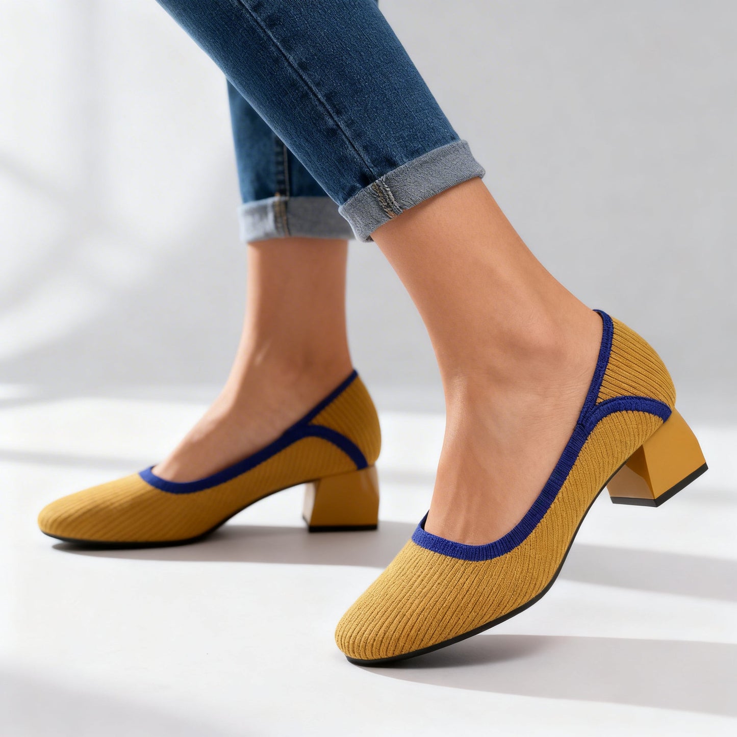 Women's Flexible Ribbed Block Heel Court Shoes