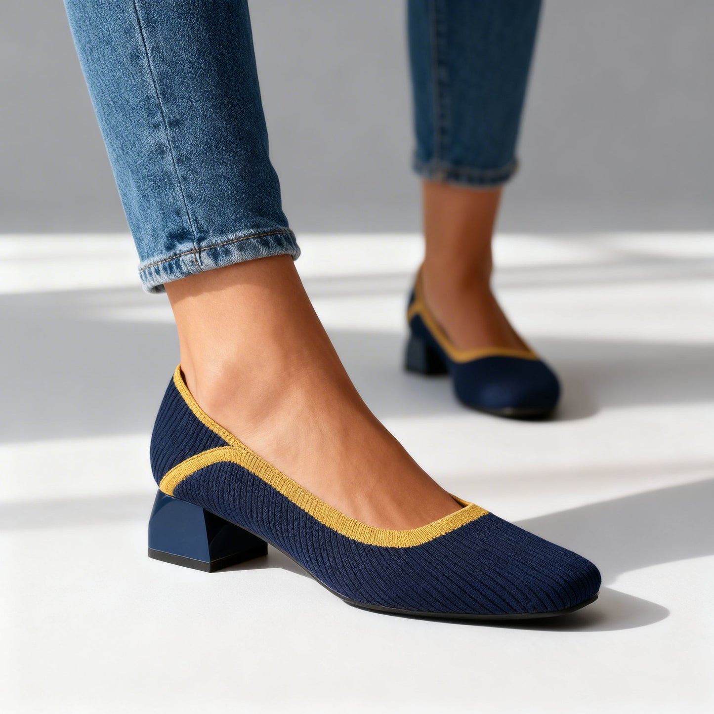 Women's Flexible Ribbed Block Heel Court Shoes