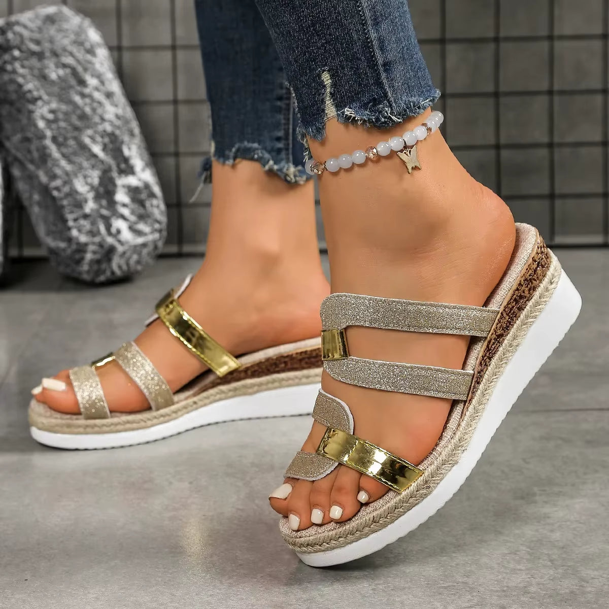 Women's Glitter Platform Wedge Sandals with Triple-Strap Design