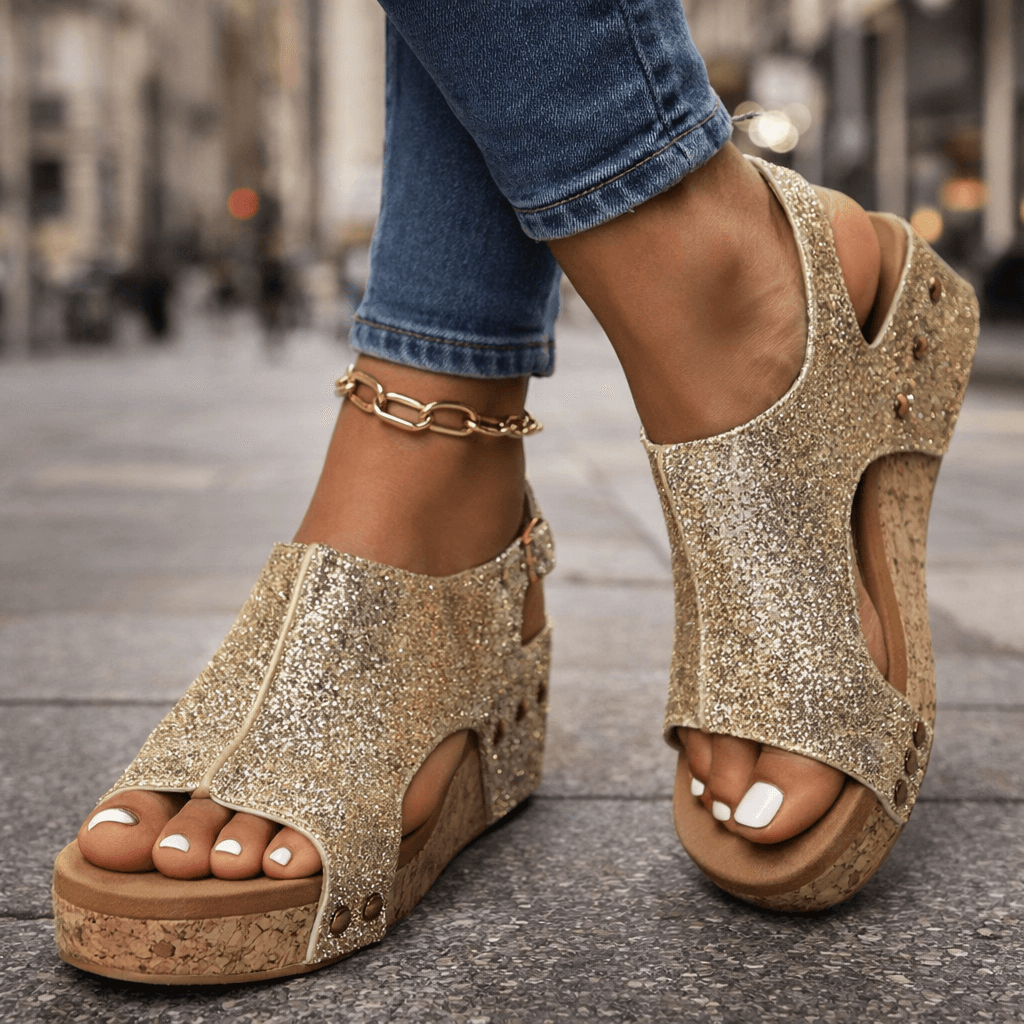 Women's Glittering Open-Toe Platform Sandals with Cushioned Sole