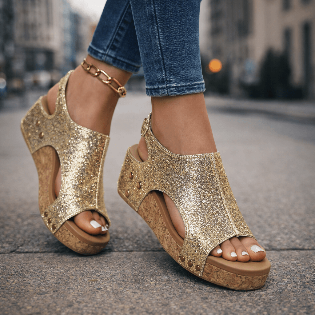 Women's Glittering Open-Toe Platform Sandals with Cushioned Sole