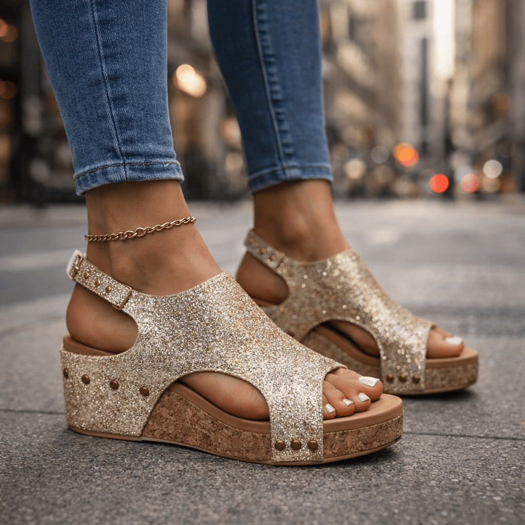 Women's Glittering Open-Toe Platform Sandals with Cushioned Sole