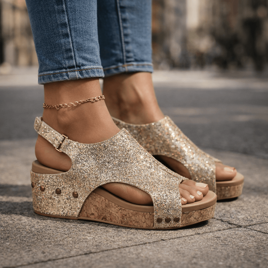Women's Glittering Open-Toe Platform Sandals with Cushioned Sole