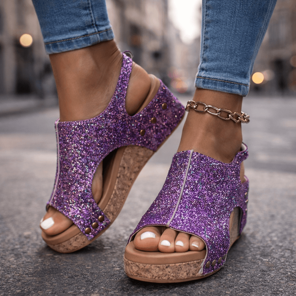 Women's Glittering Open-Toe Platform Sandals with Cushioned Sole
