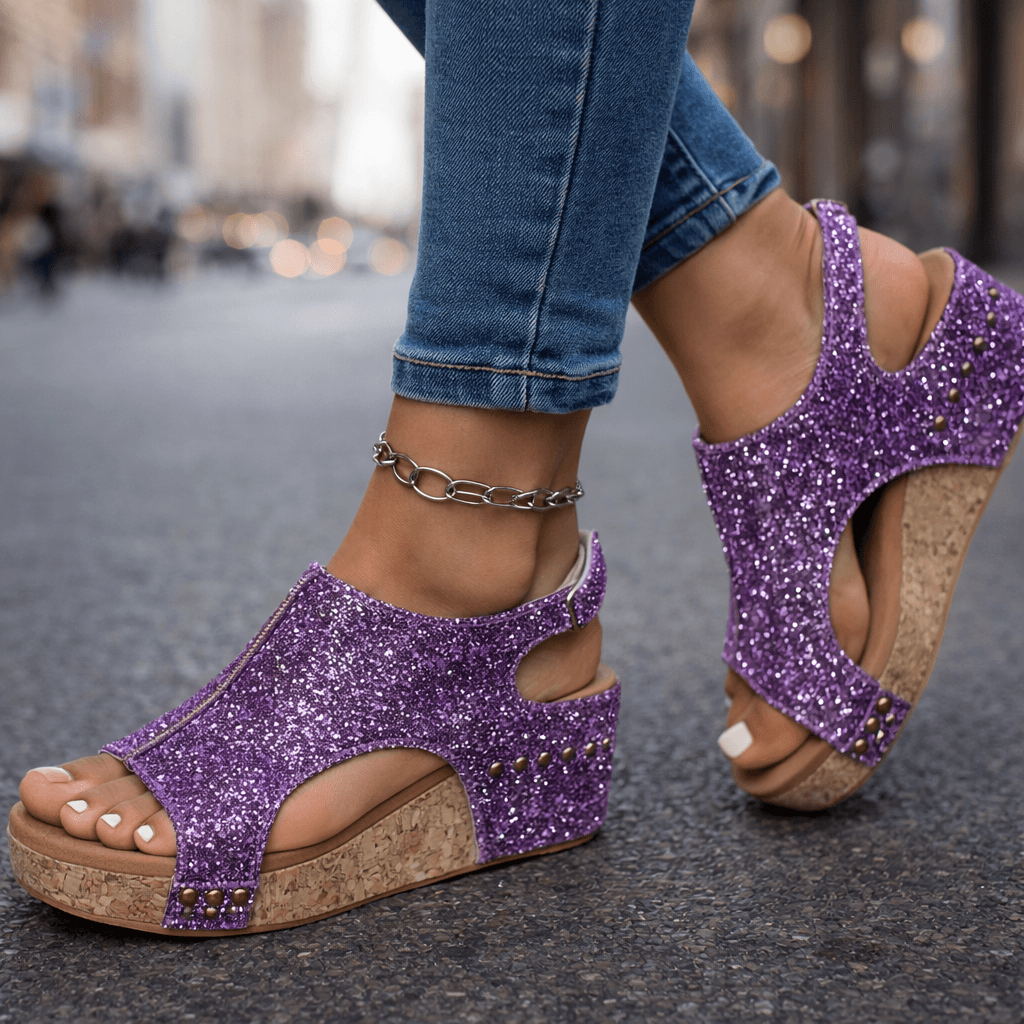 Women's Glittering Open-Toe Platform Sandals with Cushioned Sole