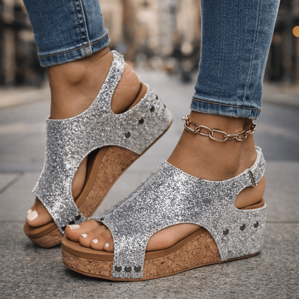Women's Glittering Open-Toe Platform Sandals with Cushioned Sole