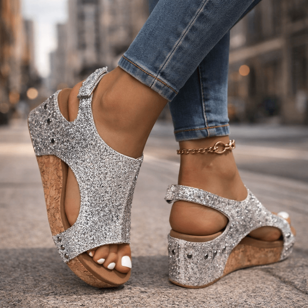 Women's Glittering Open-Toe Platform Sandals with Cushioned Sole