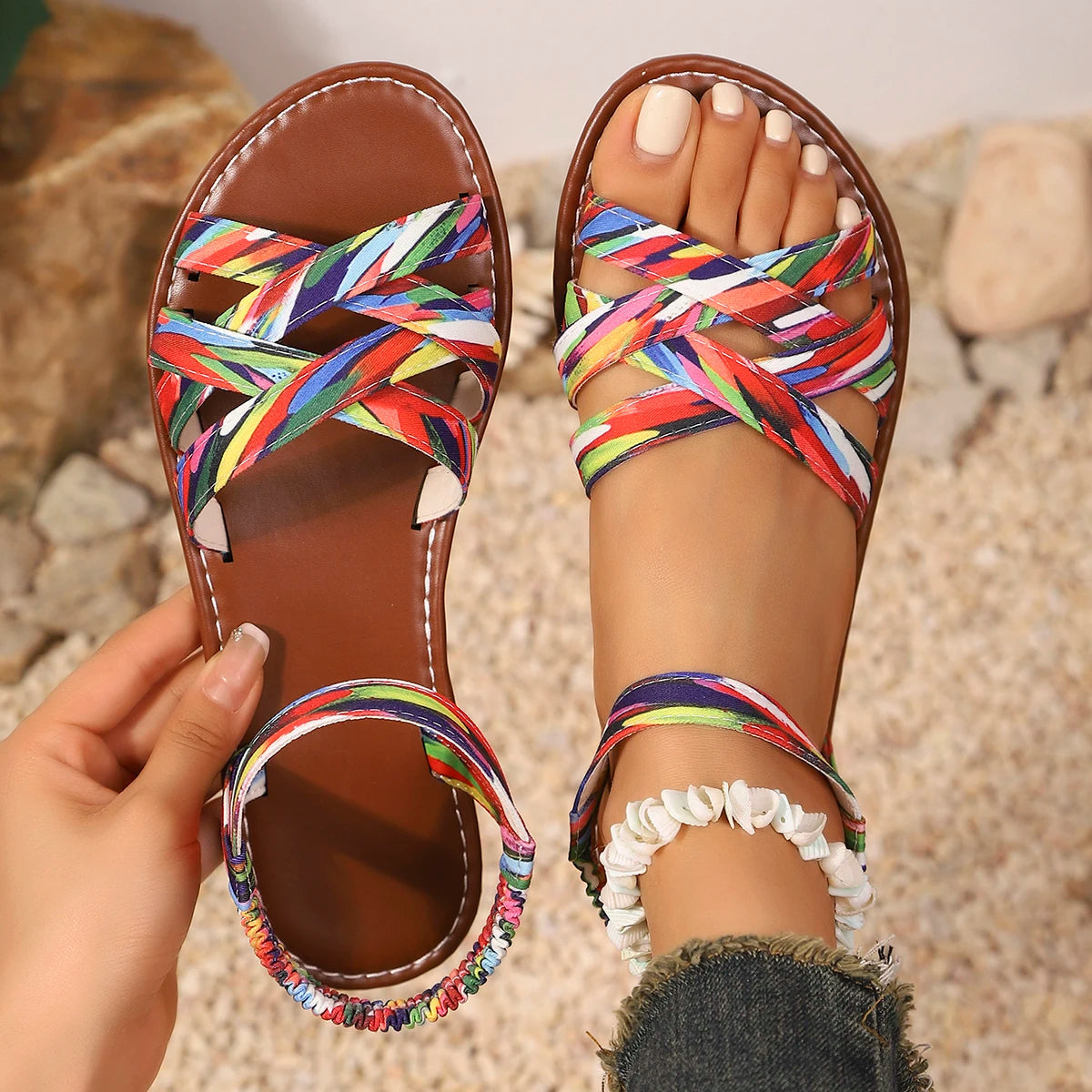 Women's Hand-Braided Strappy Sandals with Cushioned Sole