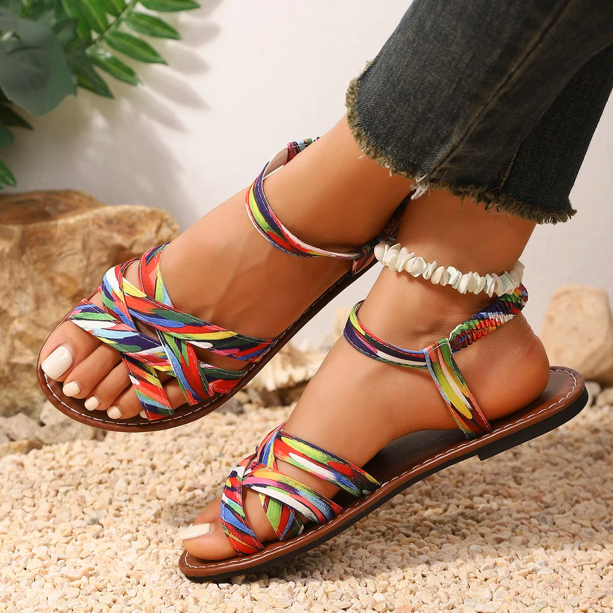 Women's Hand-Braided Strappy Sandals with Cushioned Sole