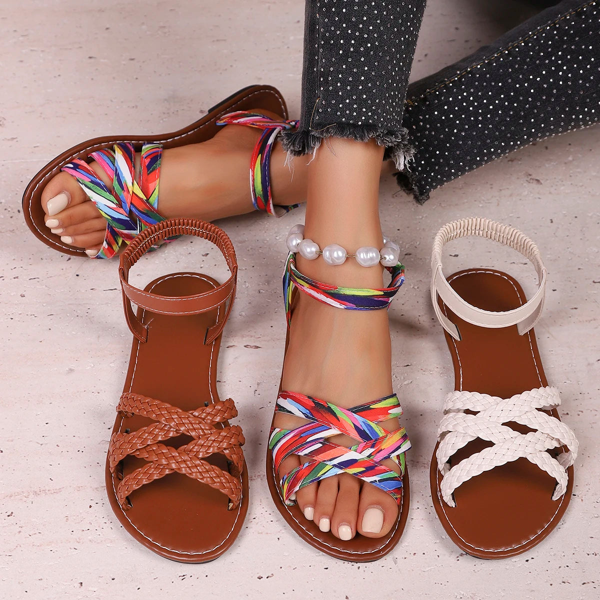 Women's Hand-Braided Strappy Sandals with Cushioned Sole