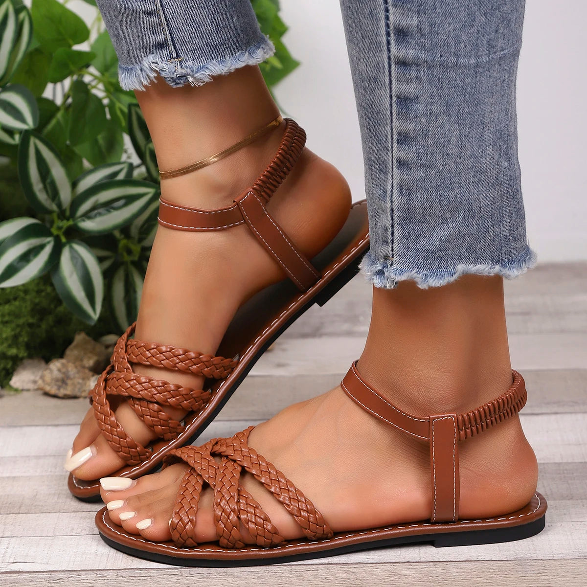 Women's Hand-Braided Strappy Sandals with Cushioned Sole