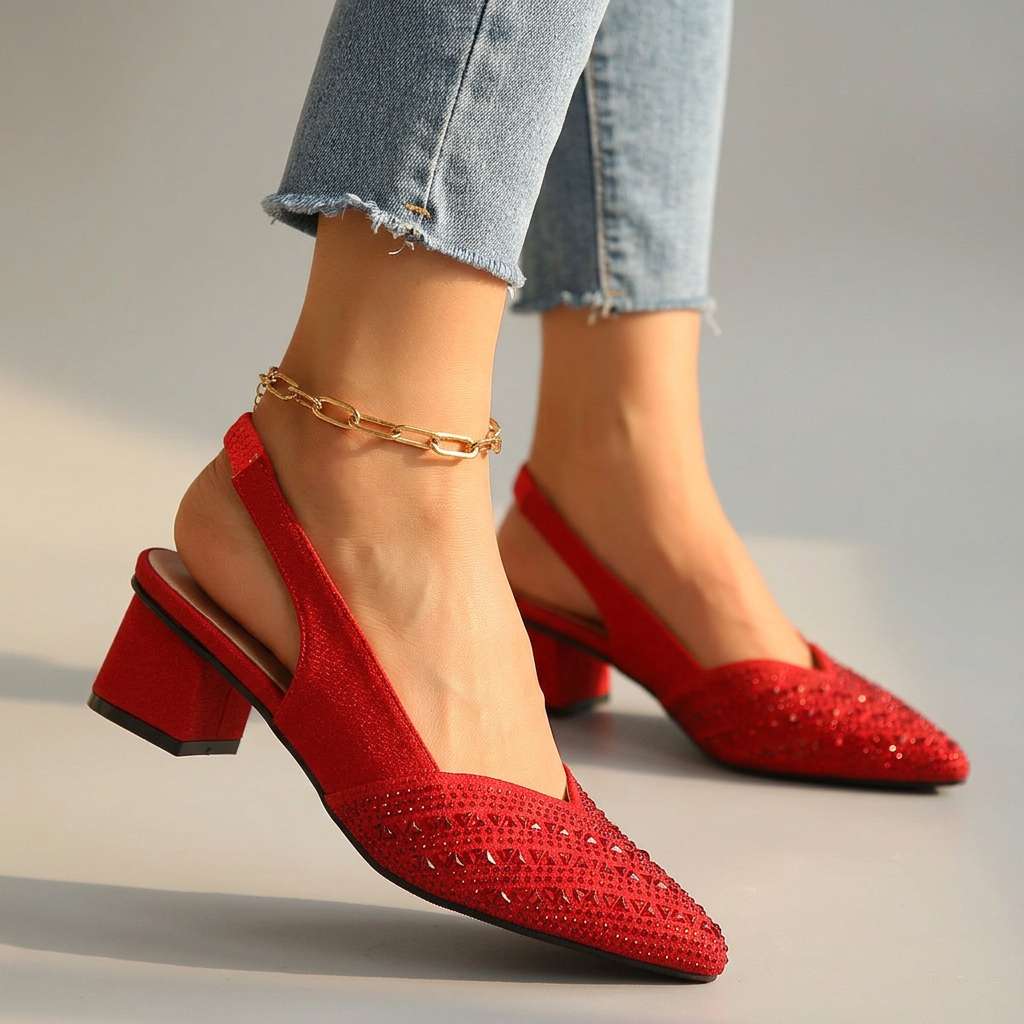 Women's Jewel-Embellished Slingback Heels with Block Heel