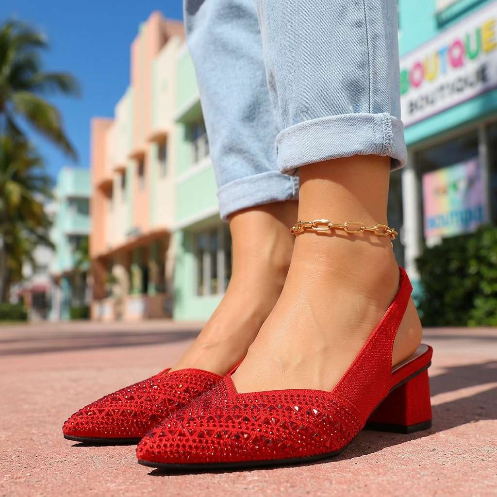 Women's Jewel-Embellished Slingback Heels with Block Heel