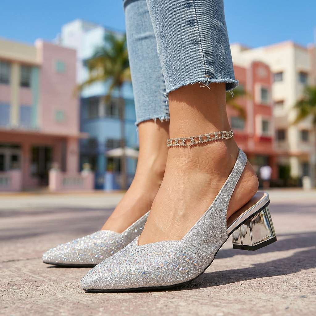 Women's Jewel-Embellished Slingback Heels with Block Heel