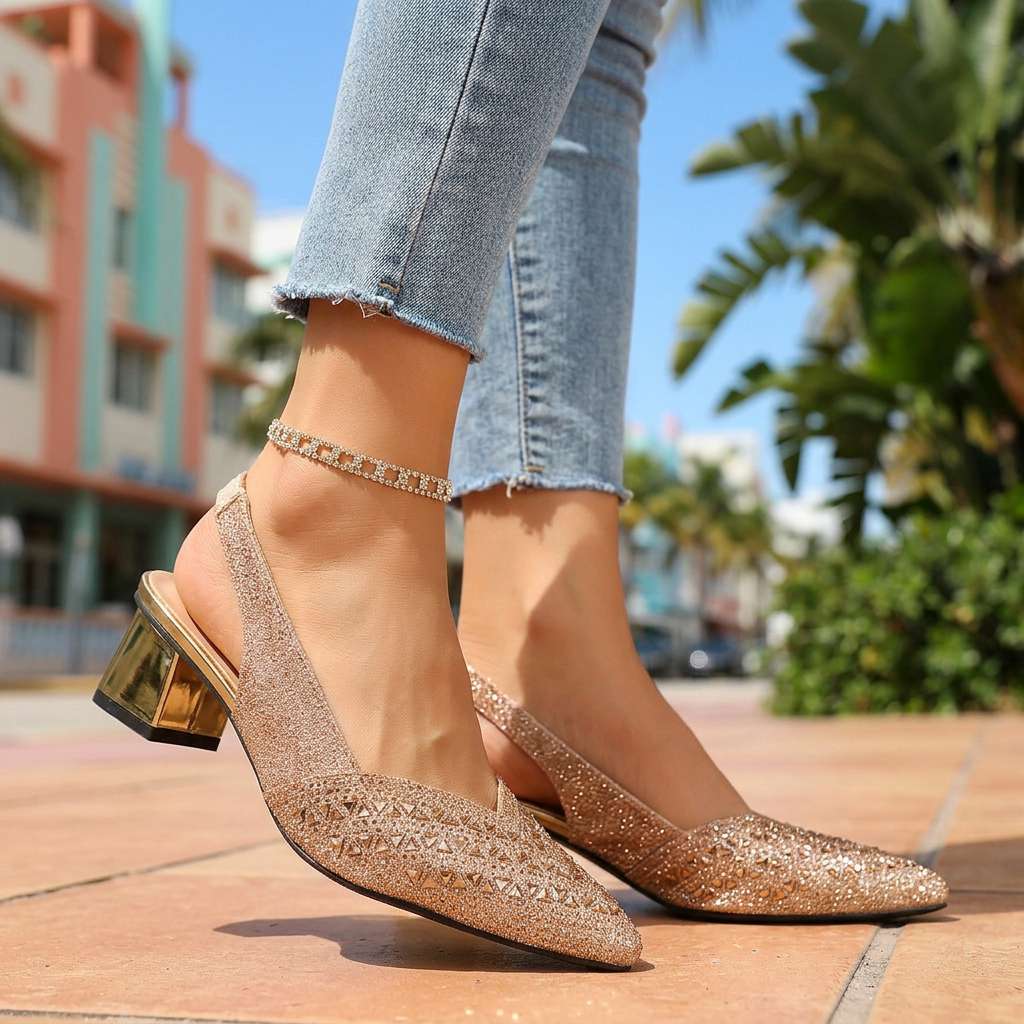 Women's Jewel-Embellished Slingback Heels with Block Heel