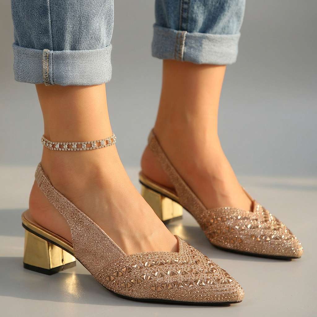 Women's Jewel-Embellished Slingback Heels with Block Heel
