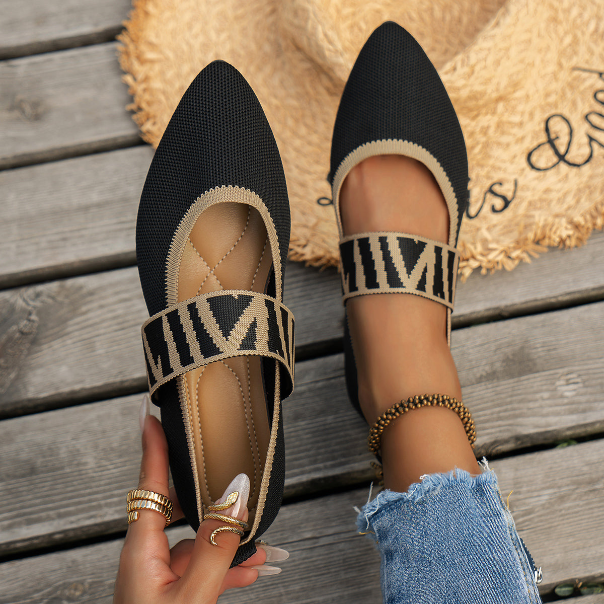 Women's Knit Pointed Toe Ballet Flats with Non-Slip Sole