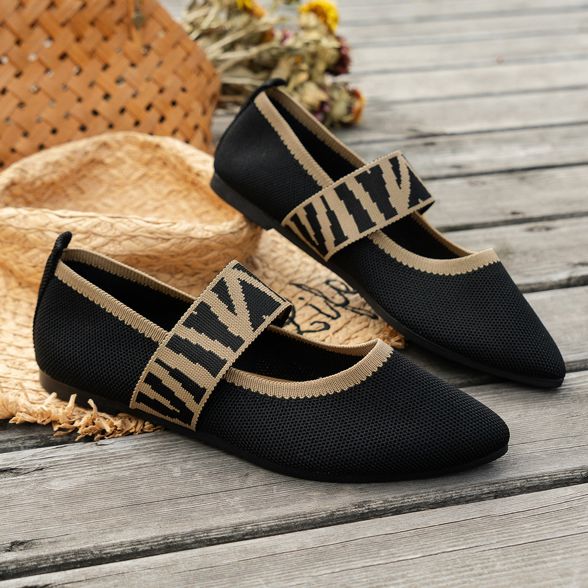 Women's Knit Pointed Toe Ballet Flats with Non-Slip Sole