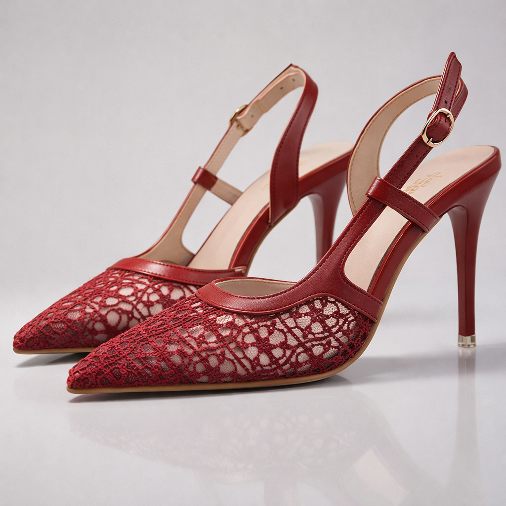 Women's Lace-Trimmed Pointed Toe Slingback Heels with Stiletto Heel