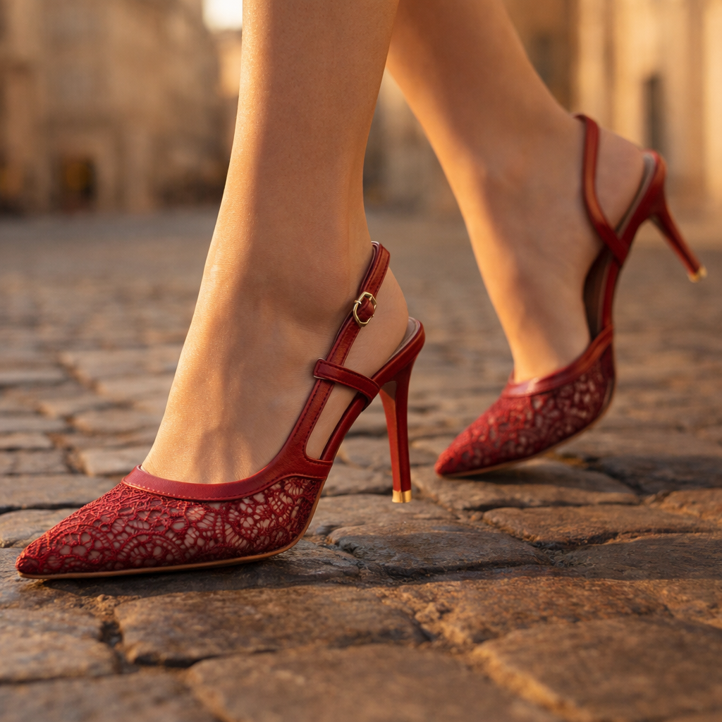 Women's Lace-Trimmed Pointed Toe Slingback Heels with Stiletto Heel