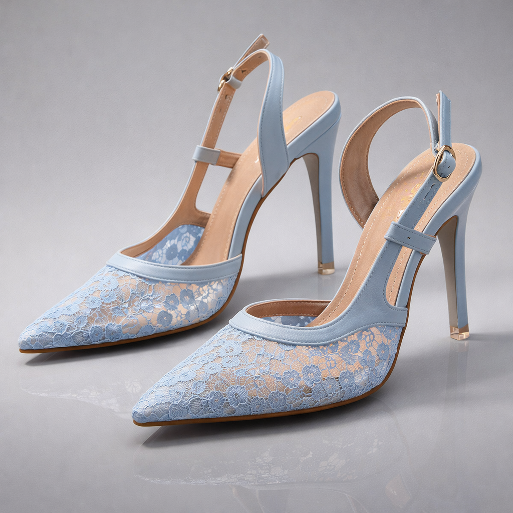 Women's Lace-Trimmed Pointed Toe Slingback Heels with Stiletto Heel
