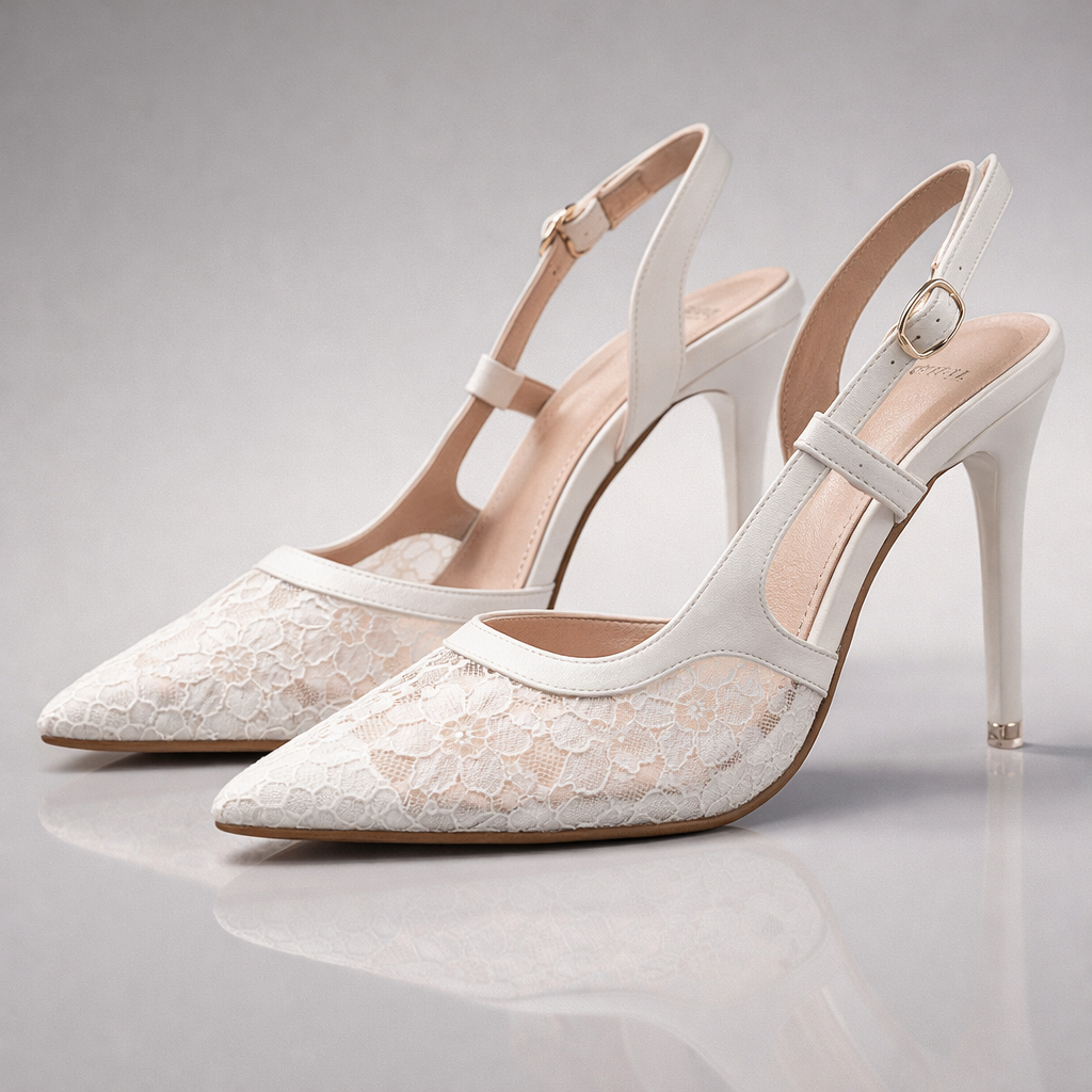 Women's Lace-Trimmed Pointed Toe Slingback Heels with Stiletto Heel
