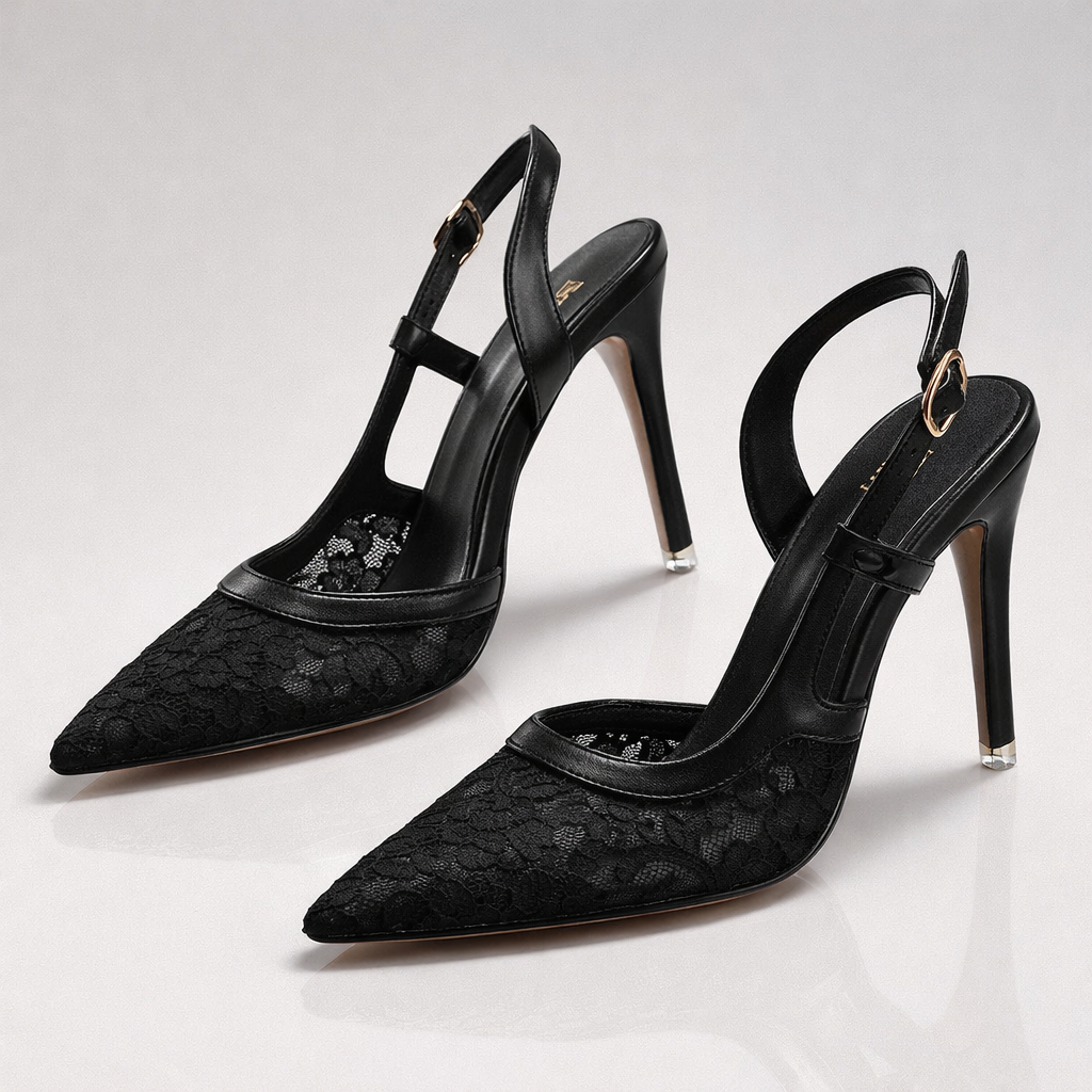 Women's Lace-Trimmed Pointed Toe Slingback Heels with Stiletto Heel