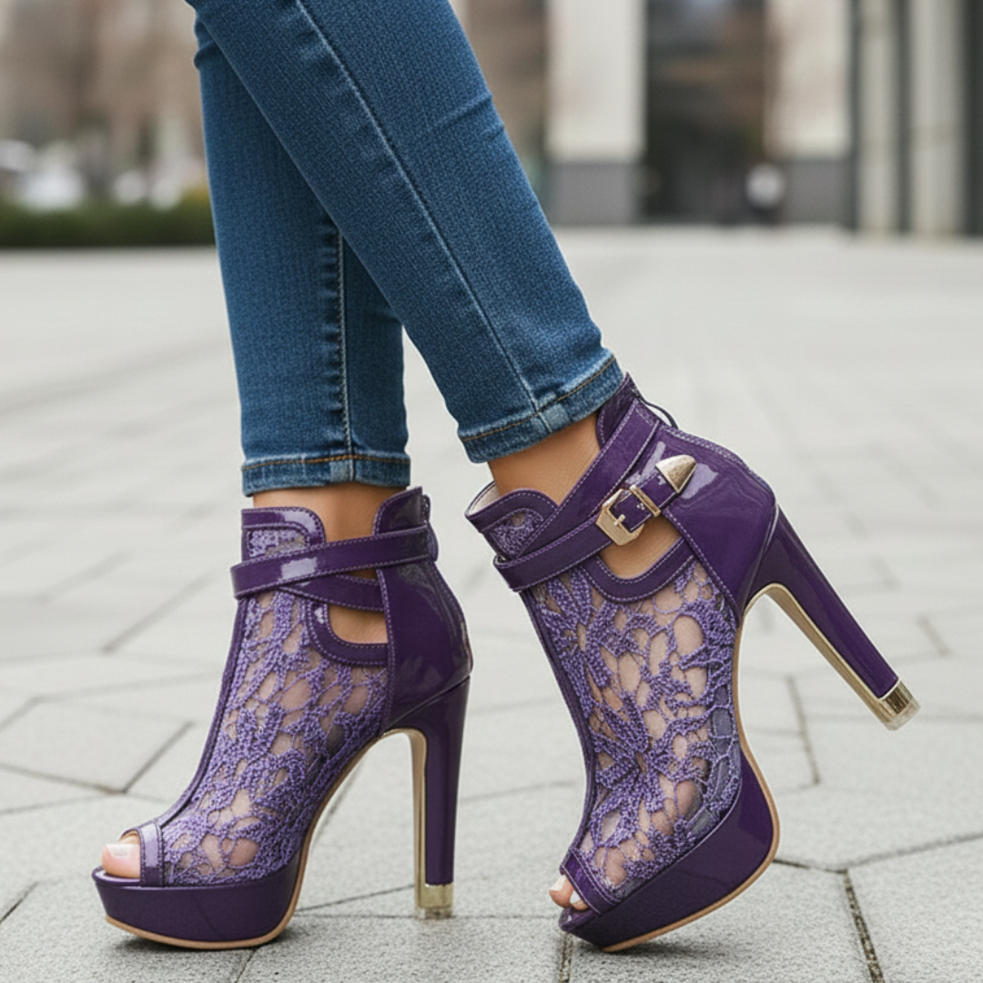Women's Lace-Up Heeled Court Shoes with Intricate Lace Detail