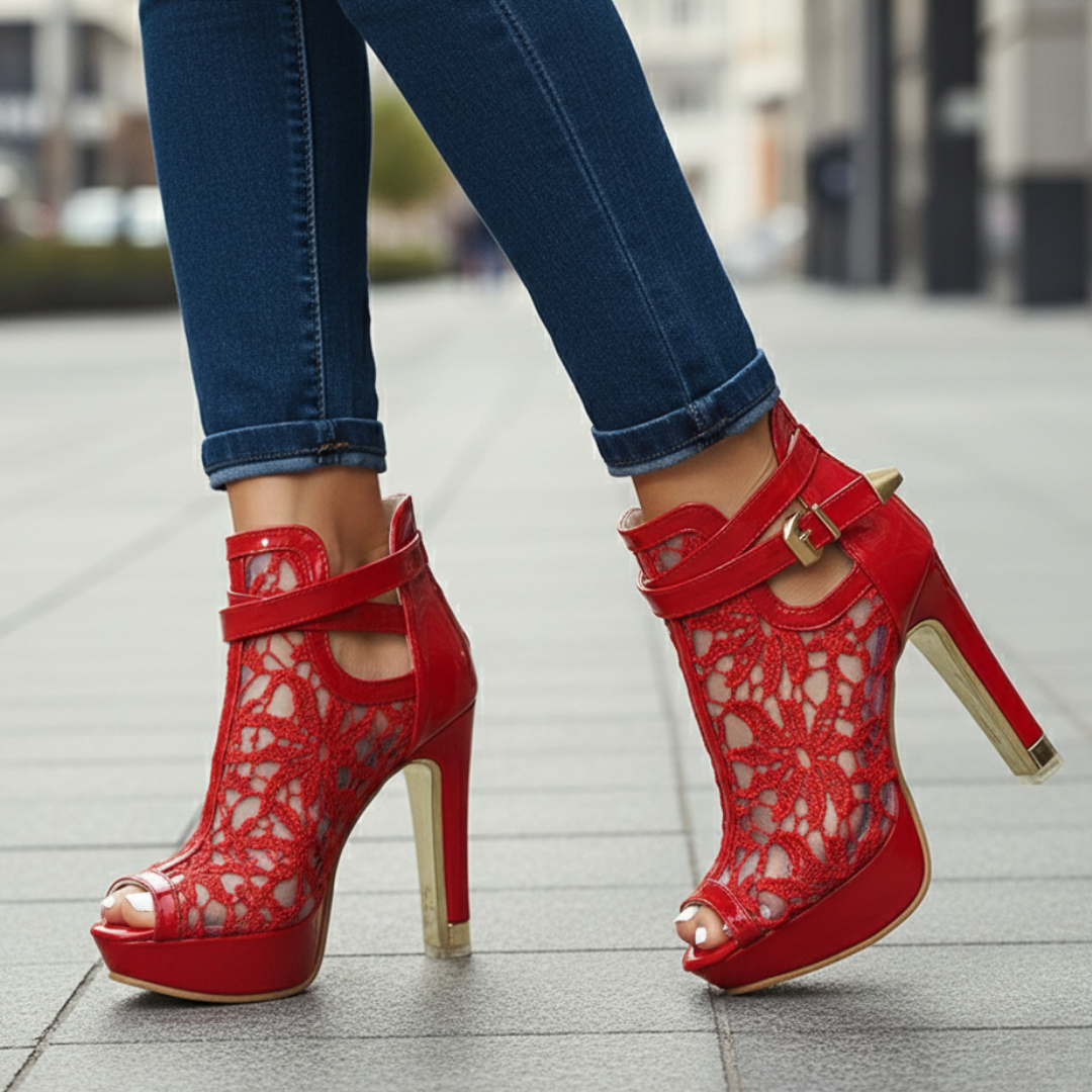 Women's Lace-Up Heeled Court Shoes with Intricate Lace Detail