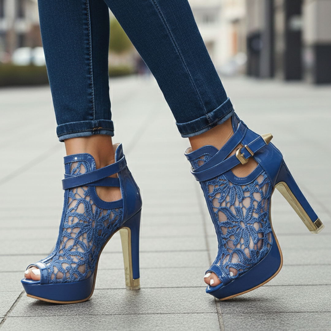 Women's Lace-Up Heeled Court Shoes with Intricate Lace Detail