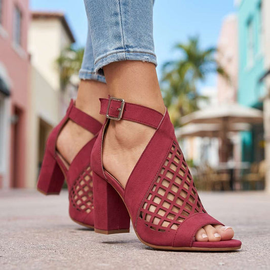 Women's Lattice Pattern Open Toe Heels with Block Heel
