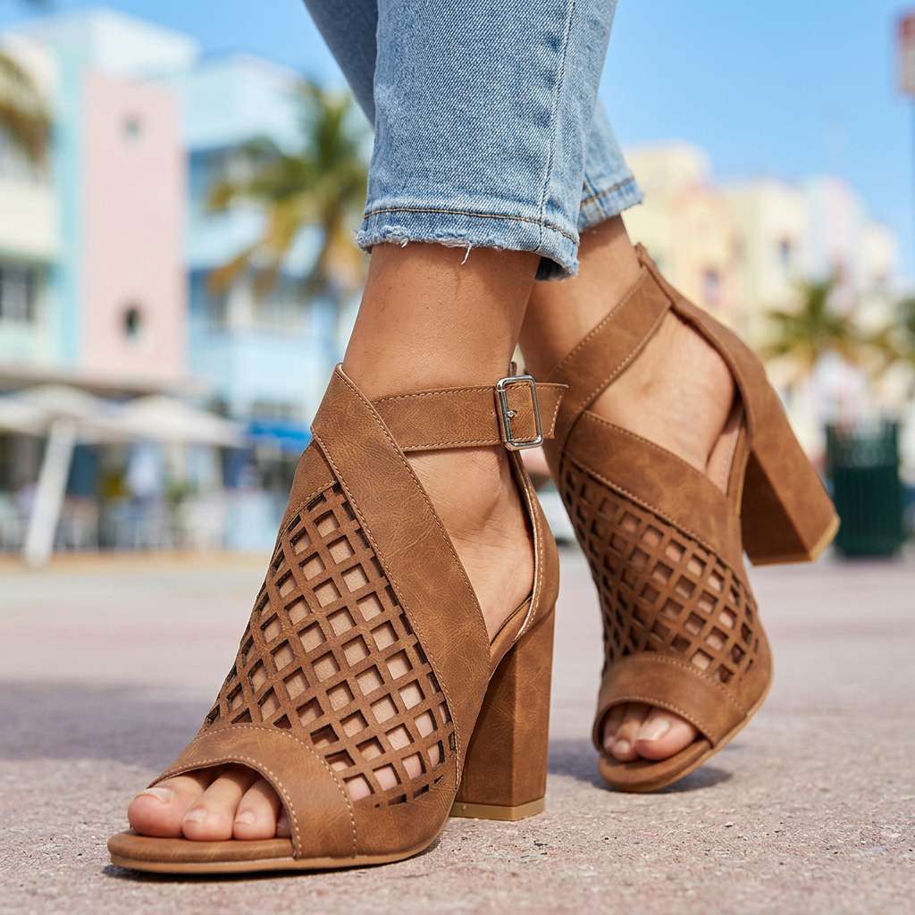 Women's Lattice Pattern Open Toe Heels with Block Heel