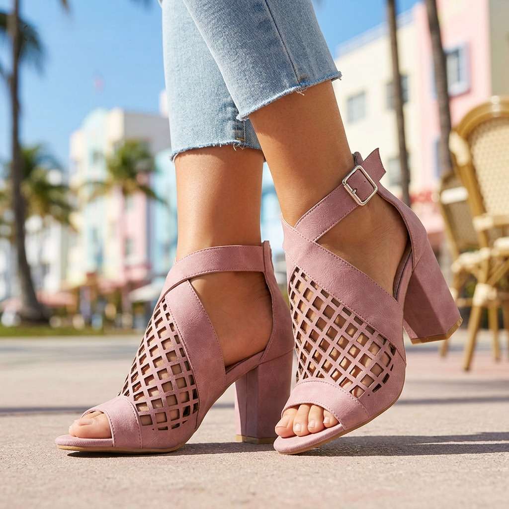 Women's Lattice Pattern Open Toe Heels with Block Heel