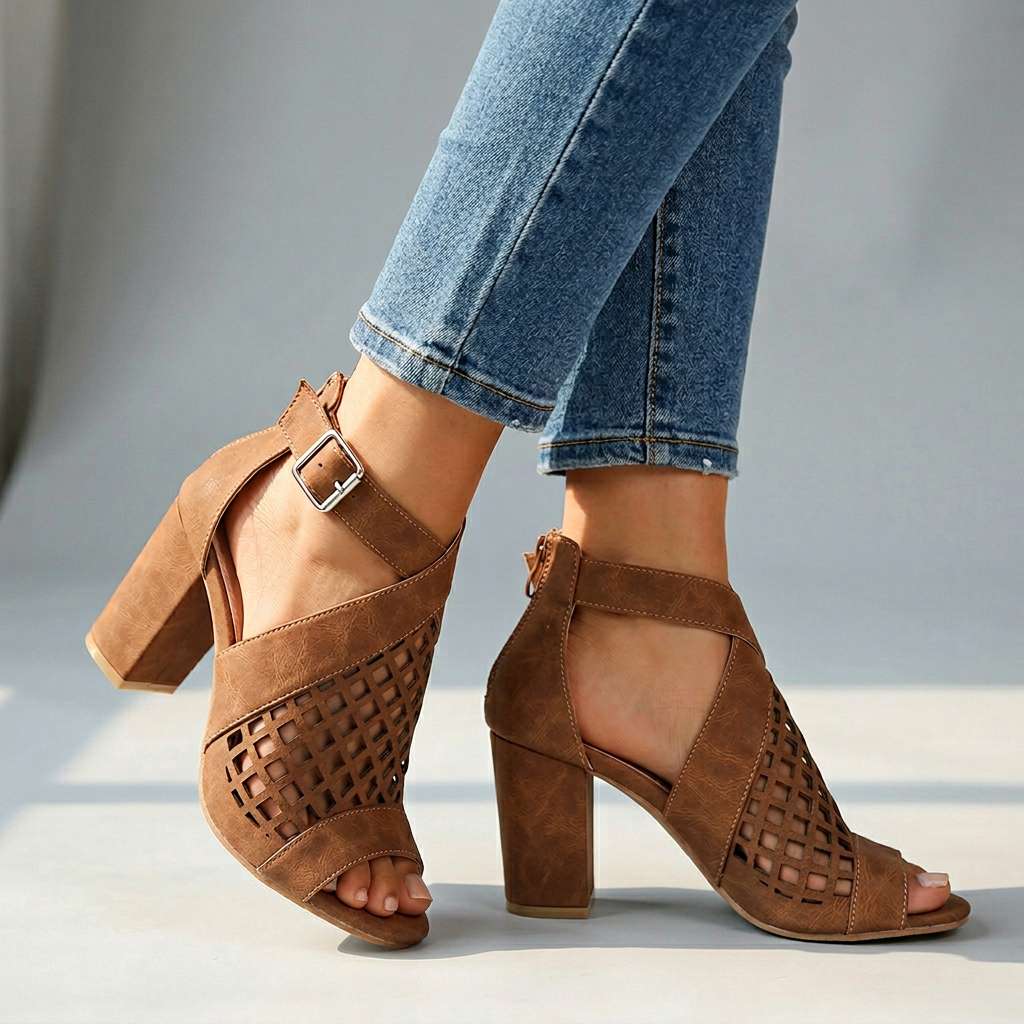 Women's Lattice Pattern Open Toe Heels with Block Heel