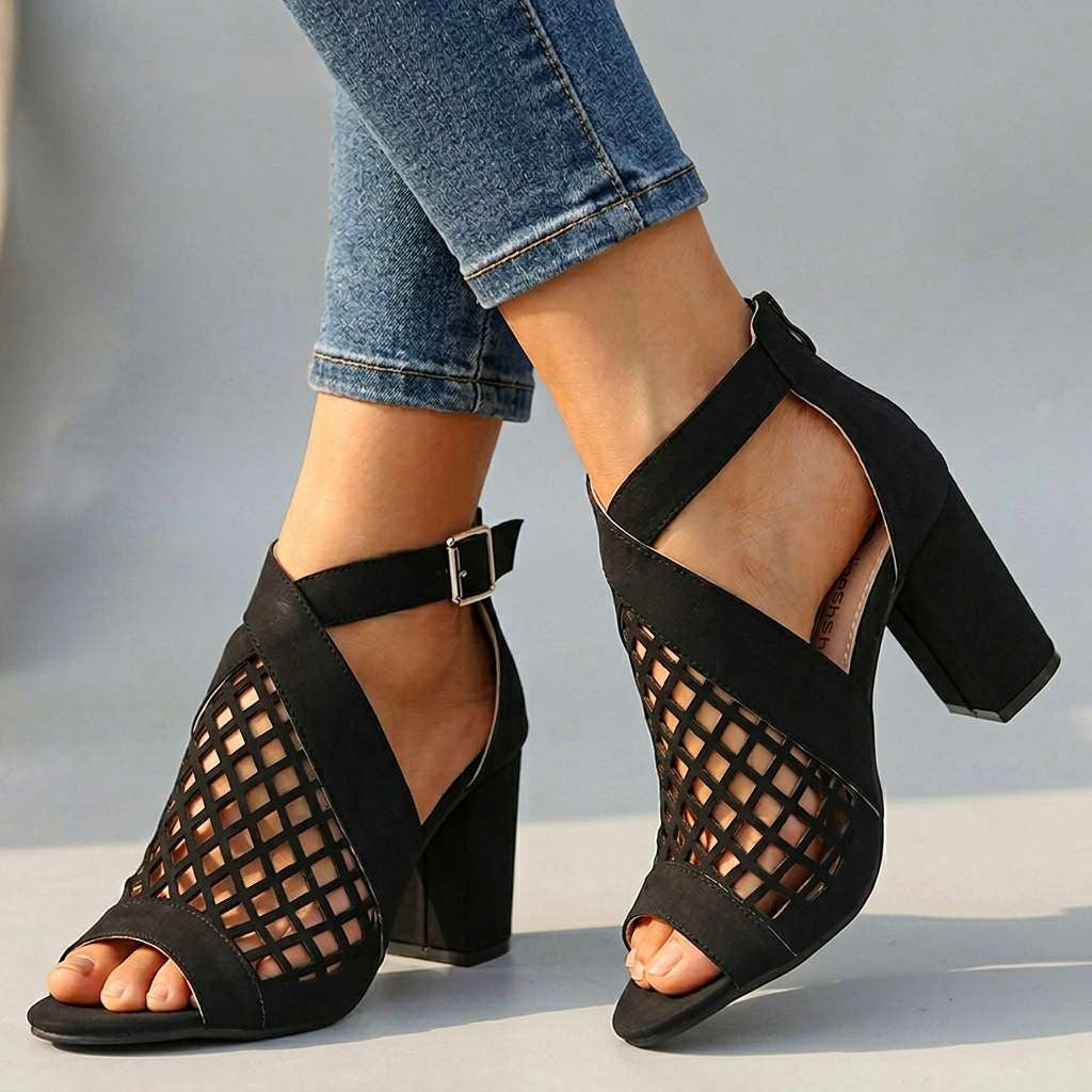 Women's Lattice Pattern Open Toe Heels with Block Heel