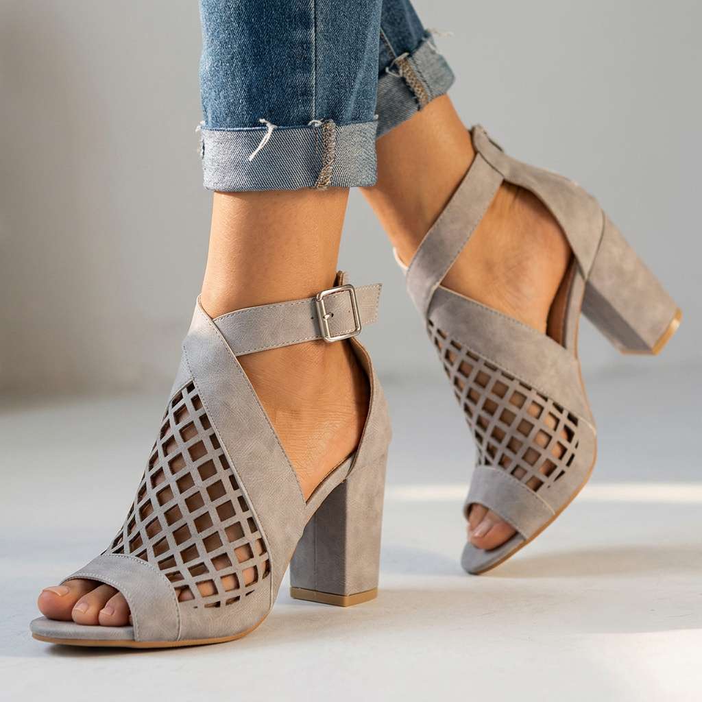 Women's Lattice Pattern Open Toe Heels with Block Heel