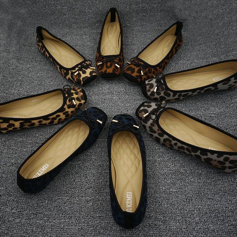 Women's Leopard Print Ballet Flats with Bow Detail